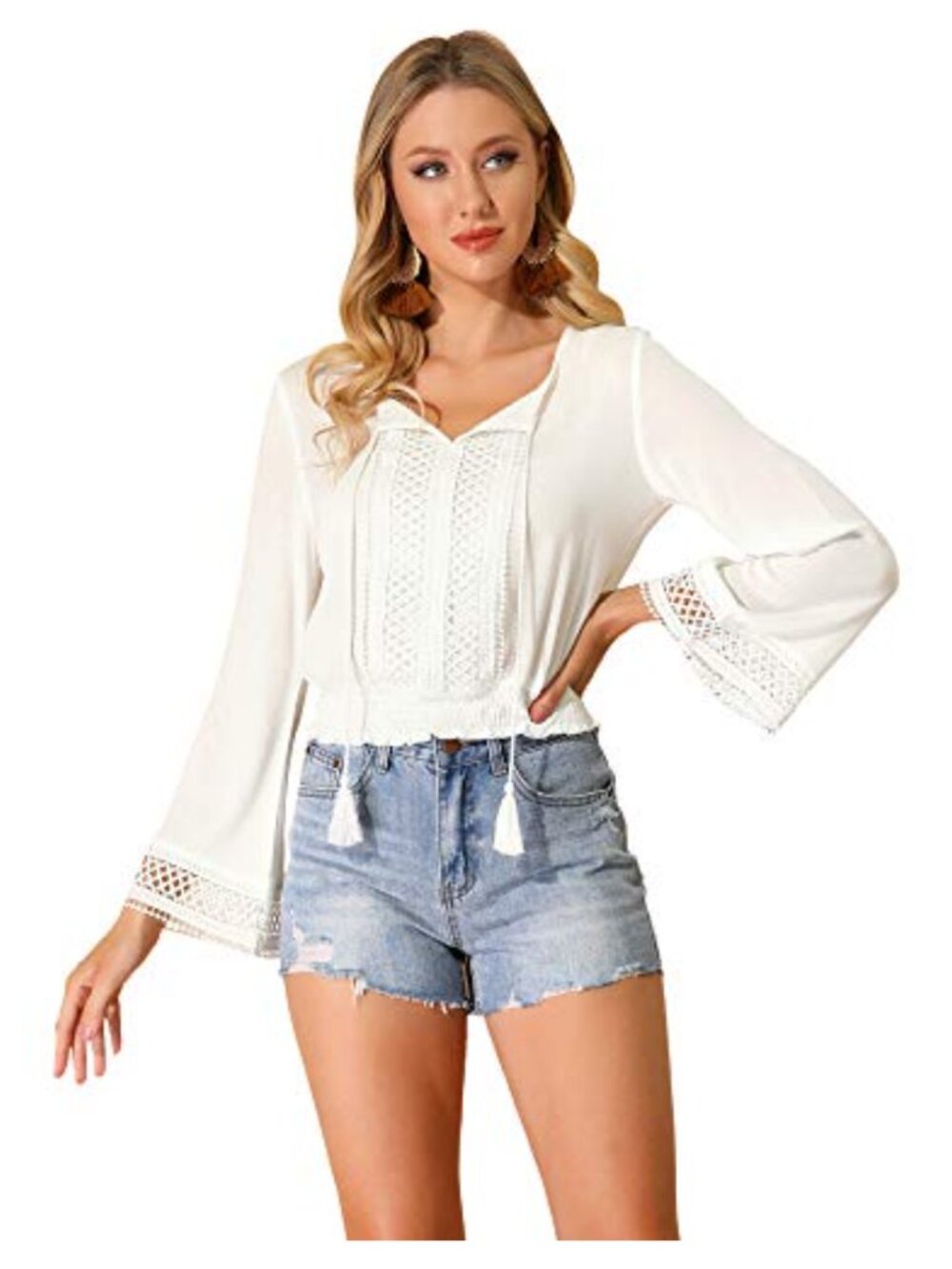 Women's Cropped Peasant Blouse Bell Sleeve Tie Neck Smocked Rayon